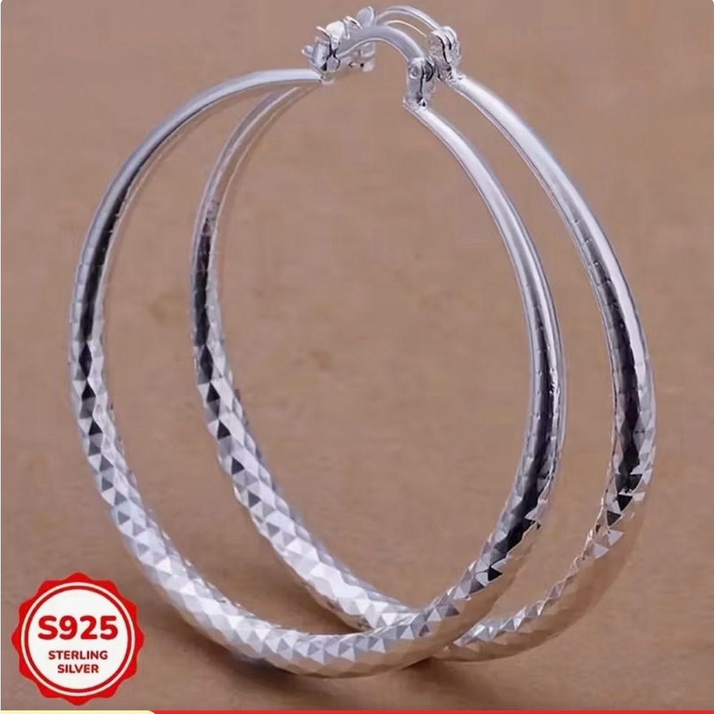 S925 Sterling Silver Diamond-Cut Hoop Earrings | 2” Classic Hoops - Picture 5 of 5